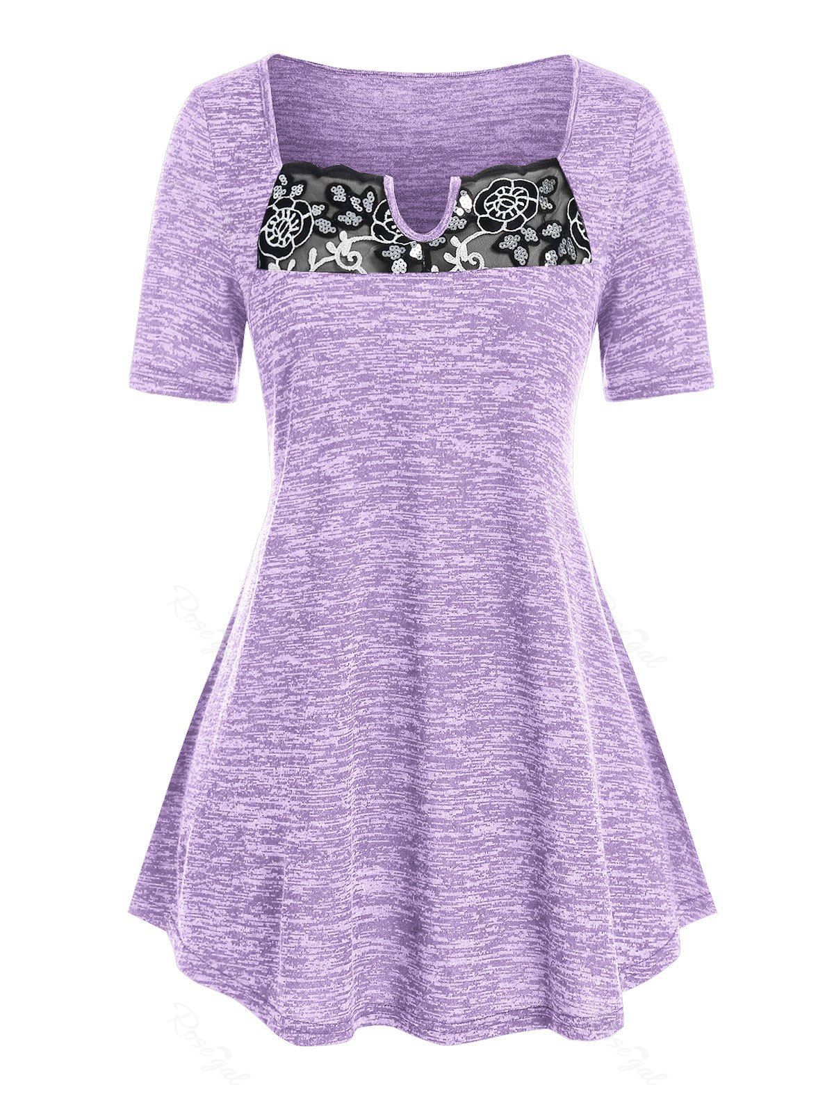 

Plus Size Mesh Flower Lace Splicing T Shirt, Purple iris