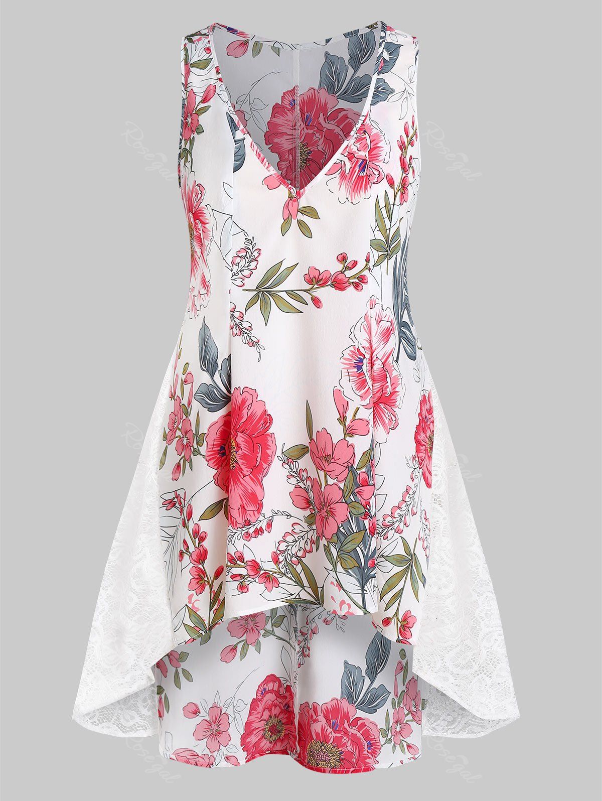 

Plus Size Flower Print Lace Panel Blouse, White
