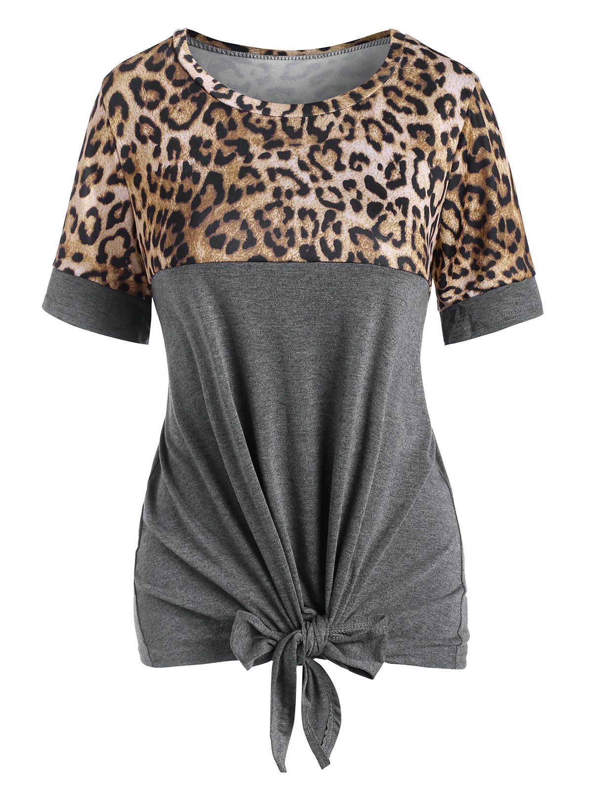 

Tie Hem Leopard Print Short Sleeve T-shirt, Gray