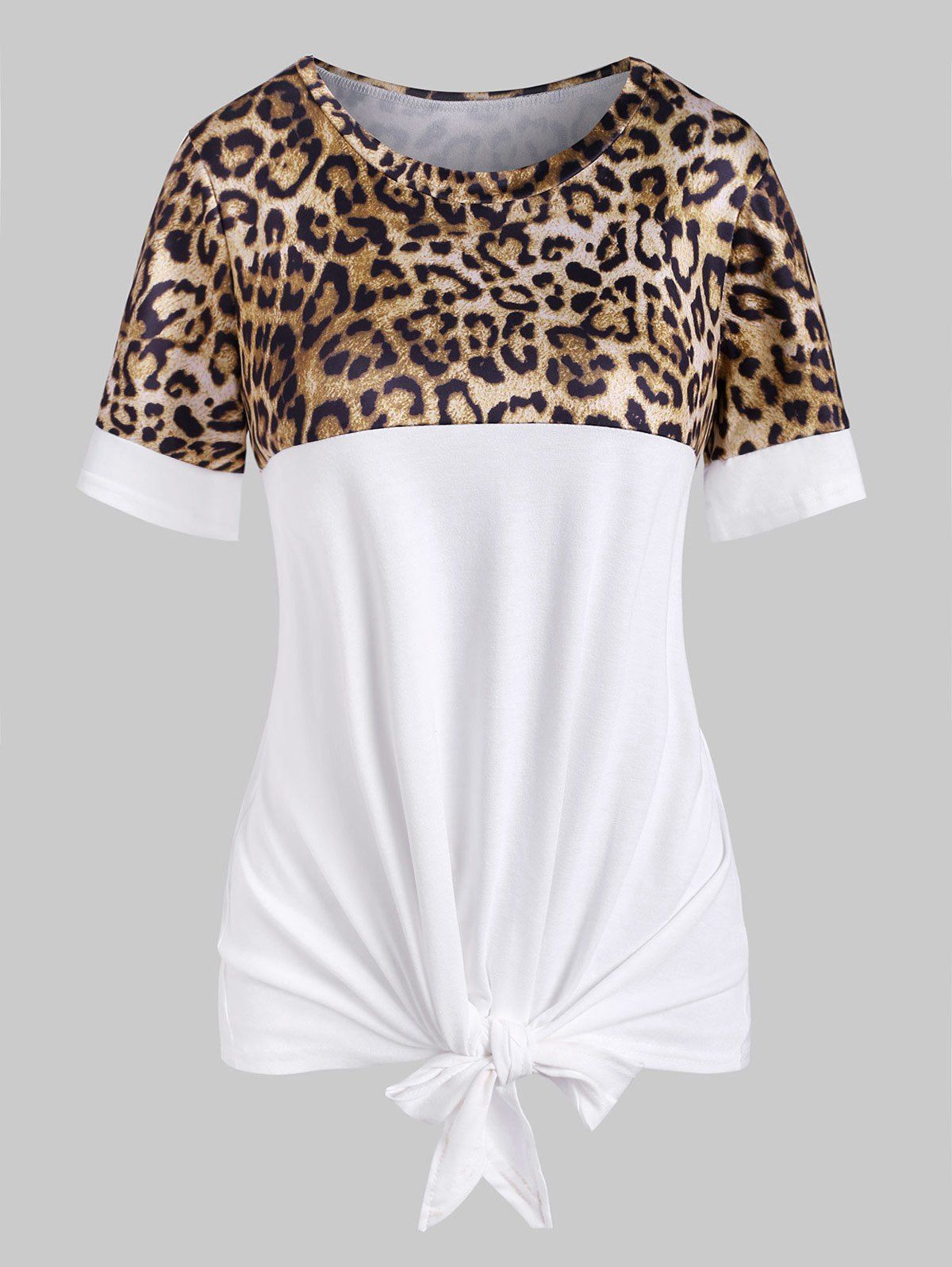 

Tie Hem Leopard Print Short Sleeve T-shirt, White