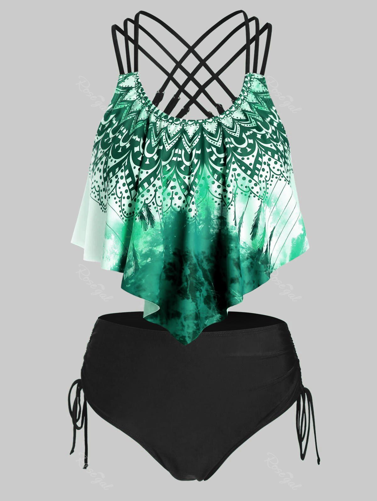 

Plus Size Printed Strappy Drawstring Tankini Swimwear, Medium sea green