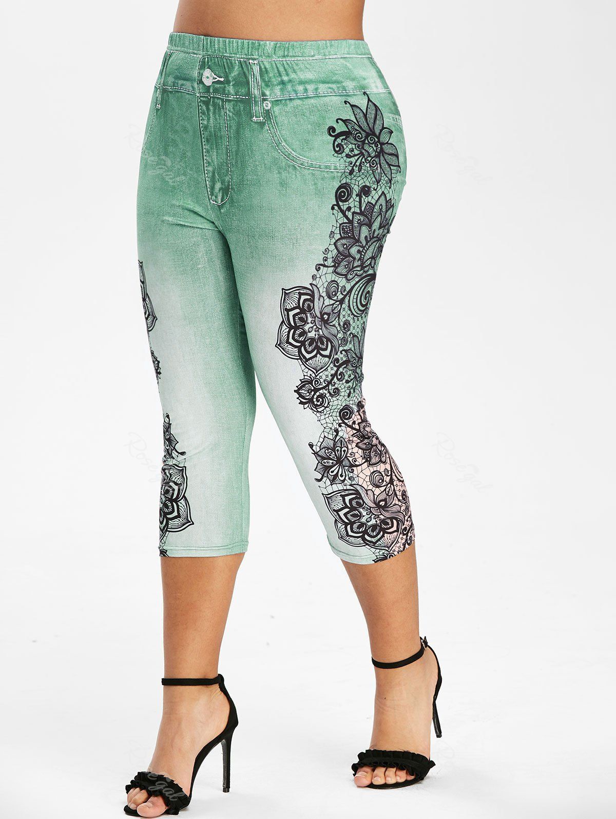 

Plus Size Flower 3D Print Capri Jeggings, Green peas