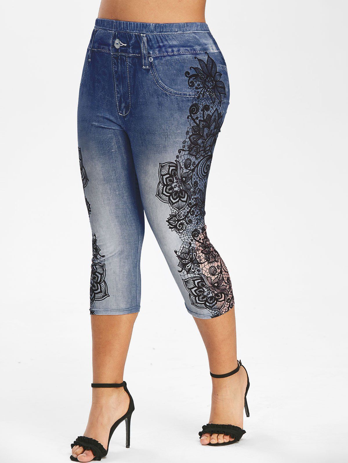 

Plus Size Flower 3D Print Capri Jeggings, Slate blue