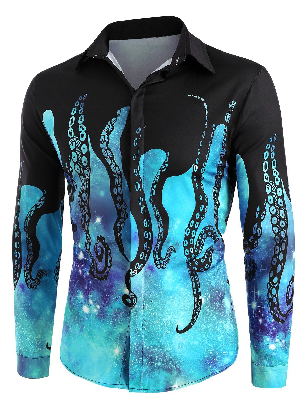 

Galaxy Octopus Pattern Button Up Long Sleeve Shirt, Multi