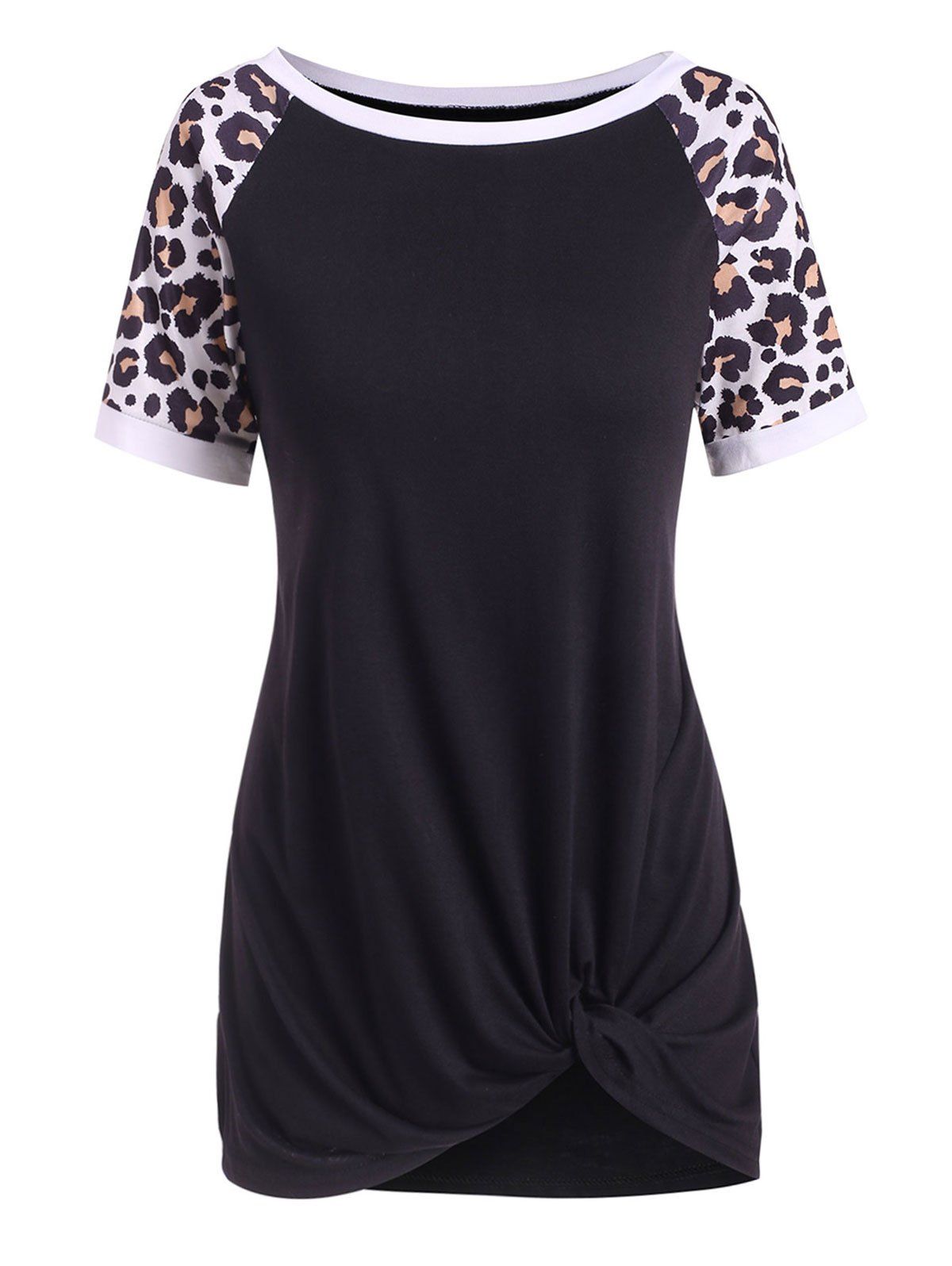 

Raglan Sleeve Leopard Print Twisted T-shirt, Black