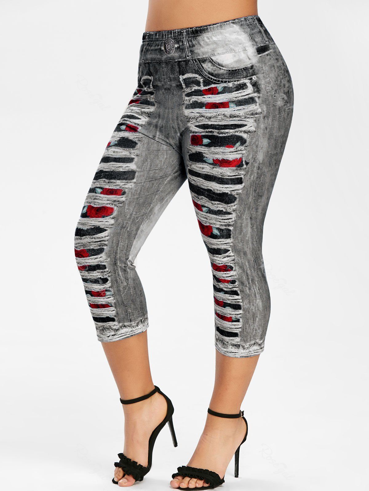 

Plus Size 3D Ripped Print Capri Leggings, Black