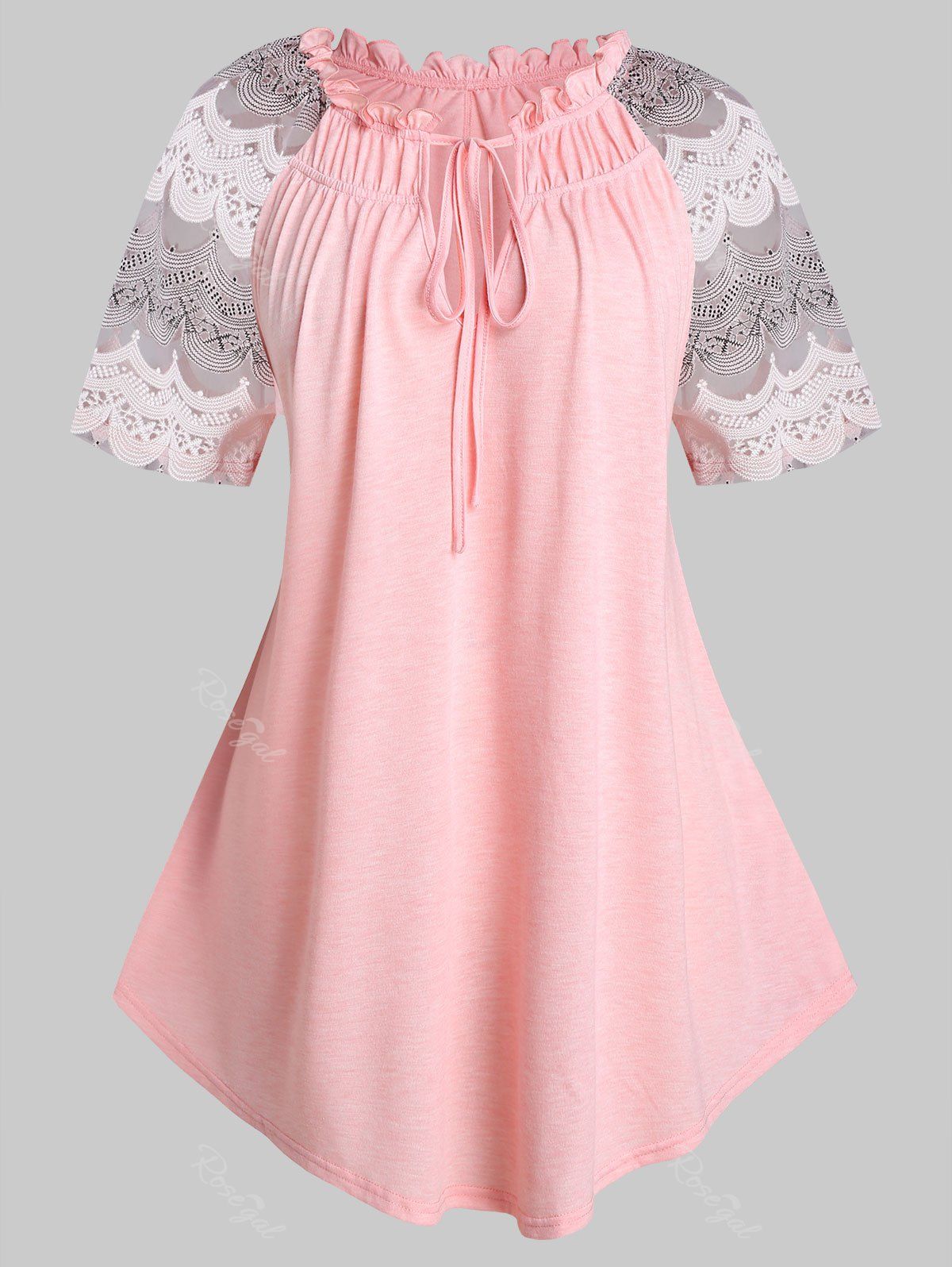 

Plus Size Lace Insert Ruffle Raglan Sleeve Keyhole T-shirt, Sakura pink