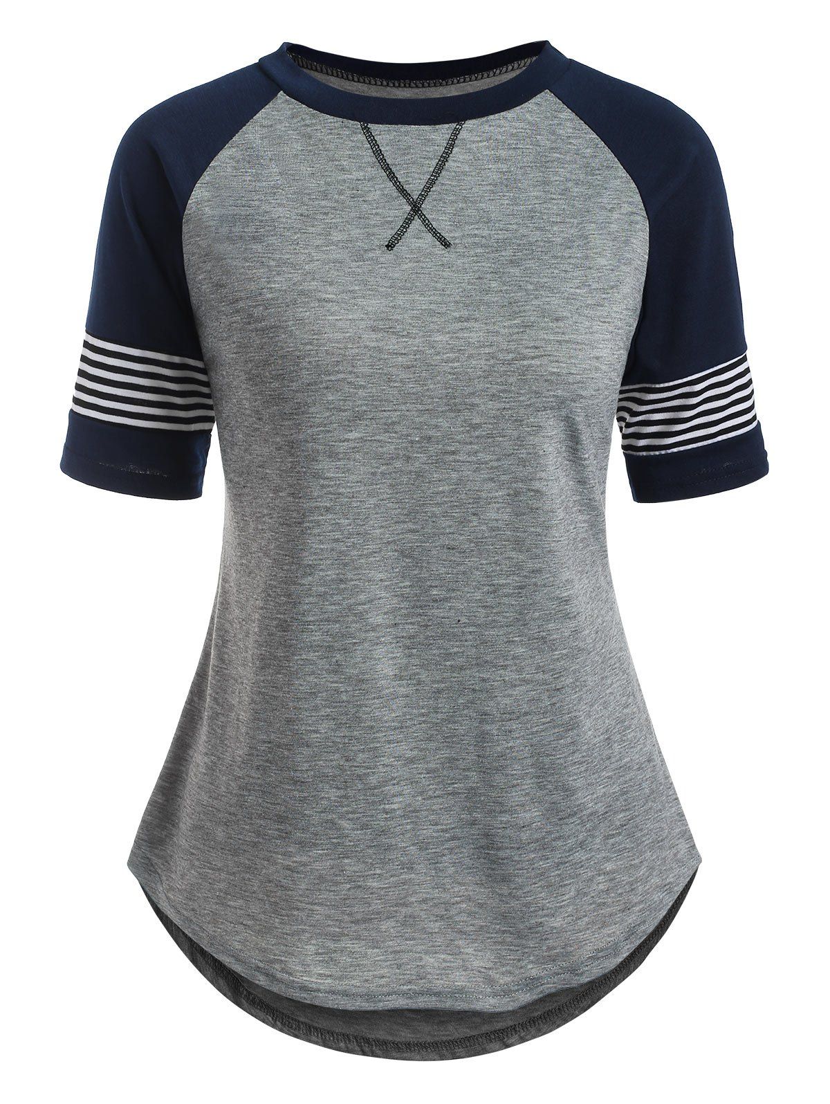 

Striped Raglan Sleeve Topstitching T-shirt, Light gray