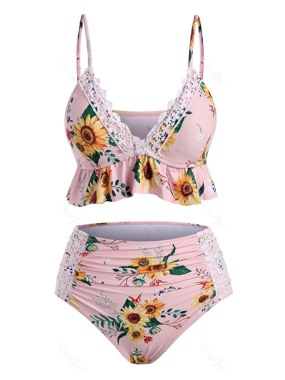 

Sunflower Lace Panel Ruffle Tummy Control Tankini Swimwear, Flamingo pink