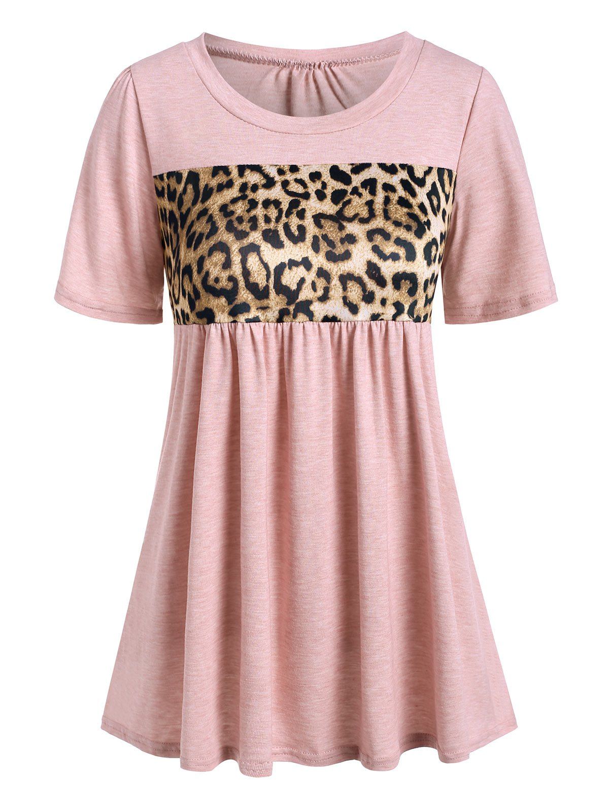 

Leopard Panel Short Sleeve Casual T-shirt, Deep peach