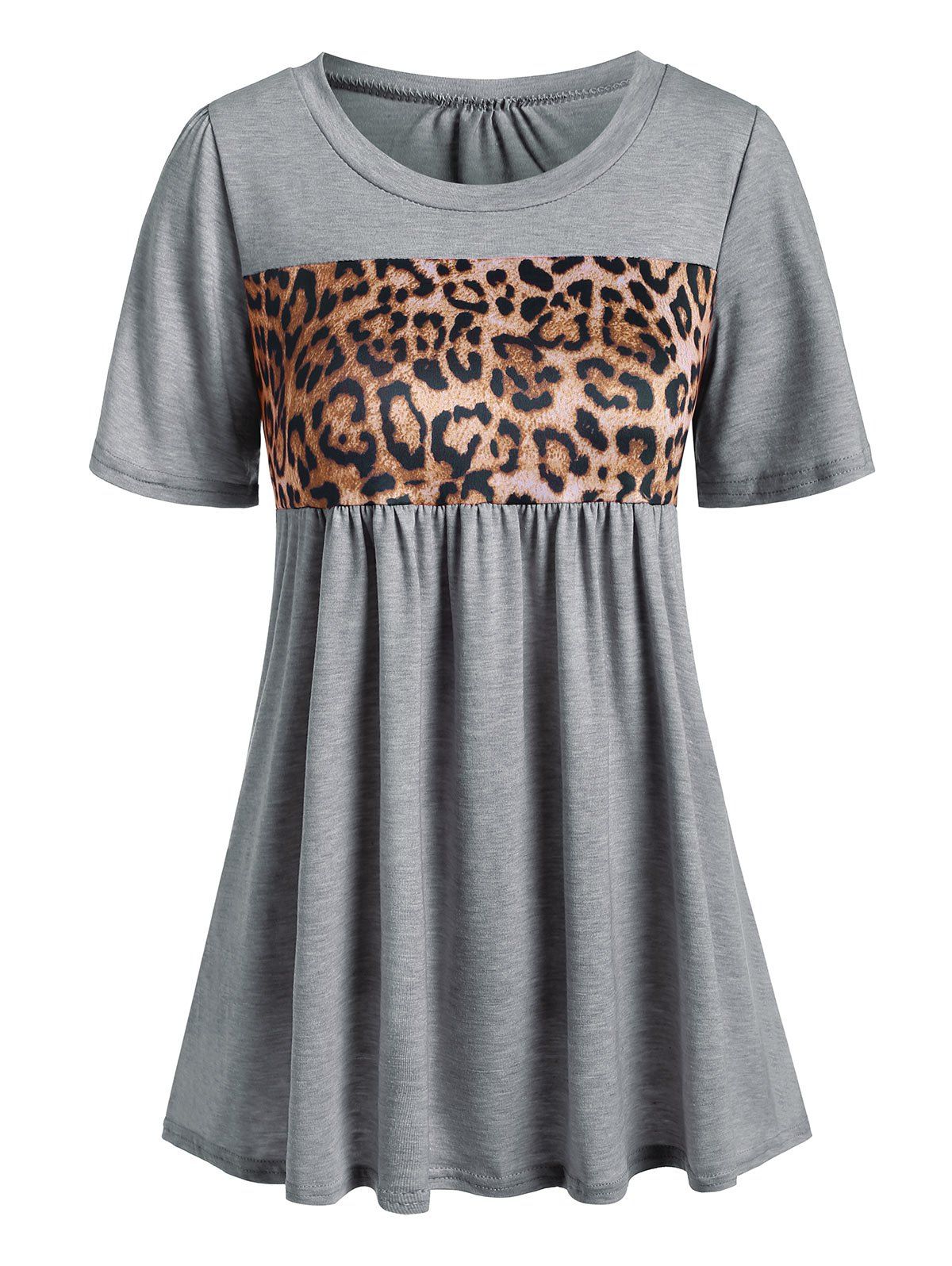 

Leopard Panel Short Sleeve Casual T-shirt, Light gray