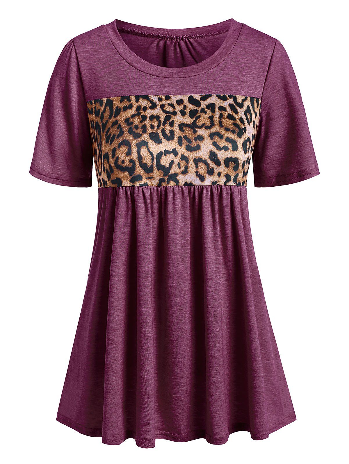 

Leopard Panel Short Sleeve Casual T-shirt, Tulip pink