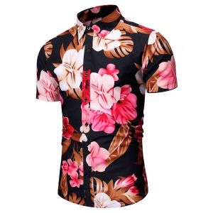 

Tropical Flower Leaf Print Vacation Shirt, Black