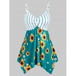 

Plus Size Handkerchief Striped Sunflower Print Tank Top, Greenish blue