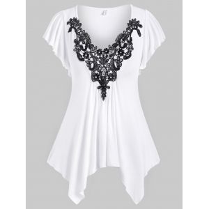 

Plus Size Flutter Sleeve Contrast Lace Handkerchief T Shirt, White