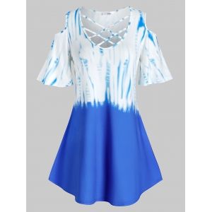 

Plus Size Cold Shoulder Tie Dye Crisscross Tunic Tee, Ocean blue
