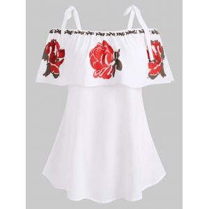 

Knotted Flounces Floral Cold Shoulder Plus Size Blouse, White