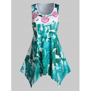 

Plus Size Flower Brush Print Handkerchief Tank Top, Macaw blue green