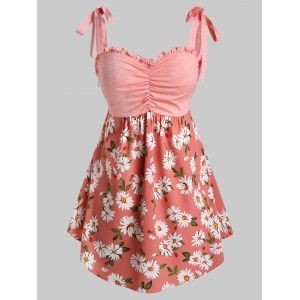 

Plus Size Ruffles Ruched Flower Print Tank Top, Pink rose