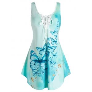

Plus Size Butterfly Print Lace Up Tank Top, Baby blue