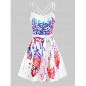 

Dream Catcher Bohemian Print Sleeveless Belted Dress, White