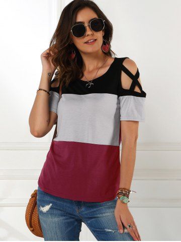 

Open Shoulder Cross Color Blocking Tee, Deep red