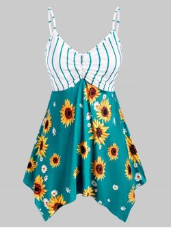 Plus Size Handkerchief Striped Sunflower Print Tank Top - GREENISH BLUE - 4X