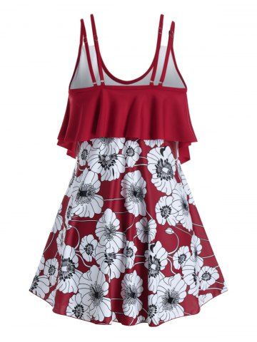 

Plus Size Floral Print Ruffle Swim Dress With Briefs, Red wine