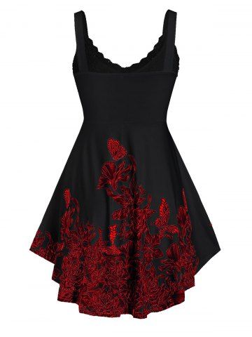 

Plus Size Flower Print Lace A Line Tank Top, Black