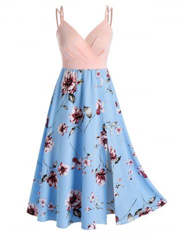 Plus Size Flower Pattern High Waist Slit Dress - ORANGE PINK - 5X