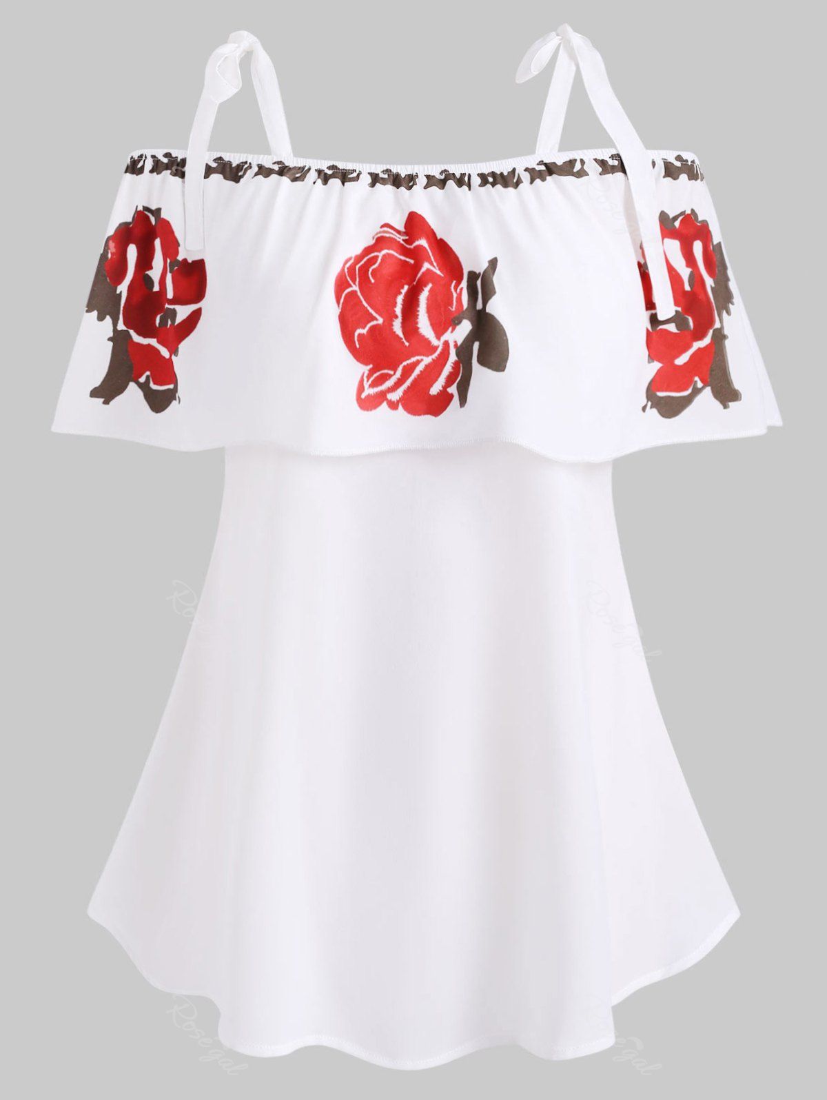 

Knotted Flounces Floral Cold Shoulder Plus Size Blouse, White