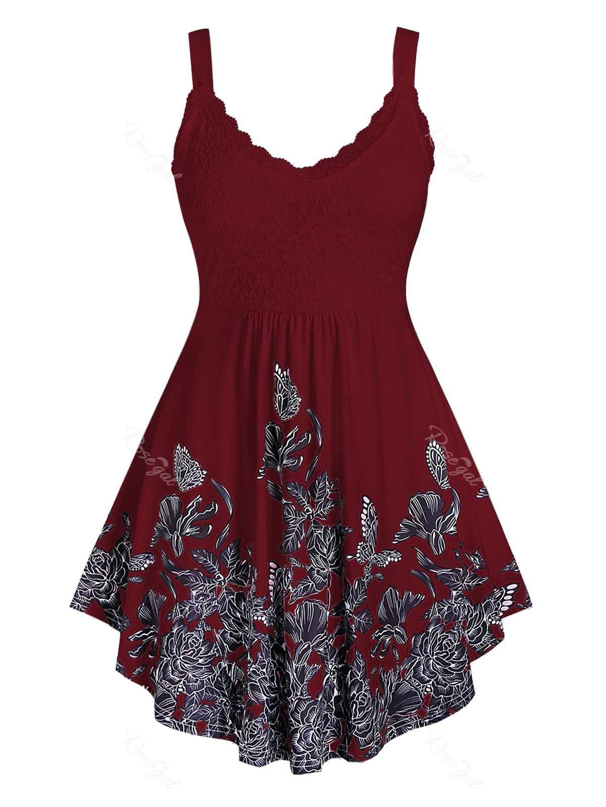 

Plus Size Flower Print Lace A Line Tank Top, Red wine