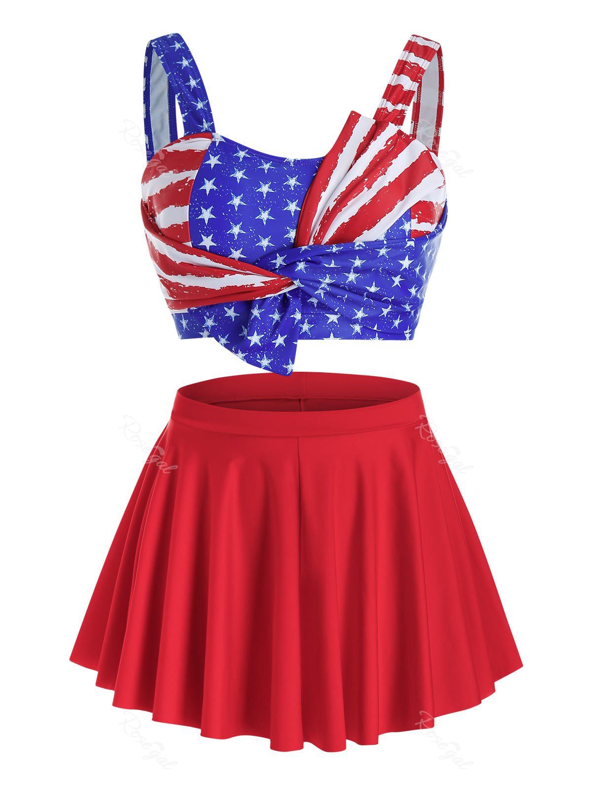 

Plus Size American Flag Three Pieces Twist Skirted Tankini Swimwear, Multi