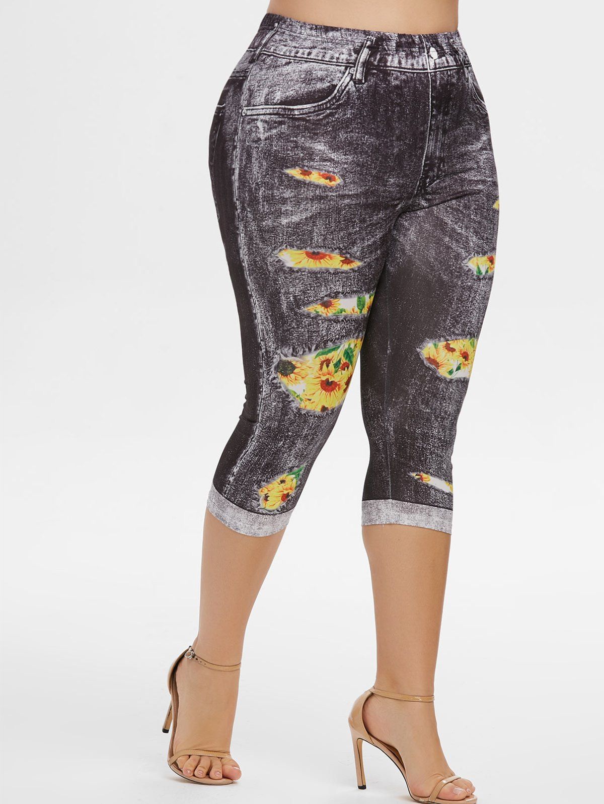 

High Waisted 3D Sunflower Plus Size Capri Jeggings, Black