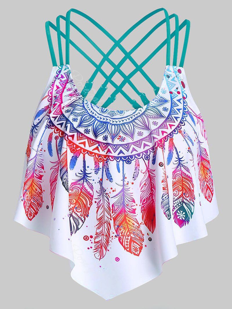 

Strappy Feather Print Pointed Hem Swim Top, Turquoise
