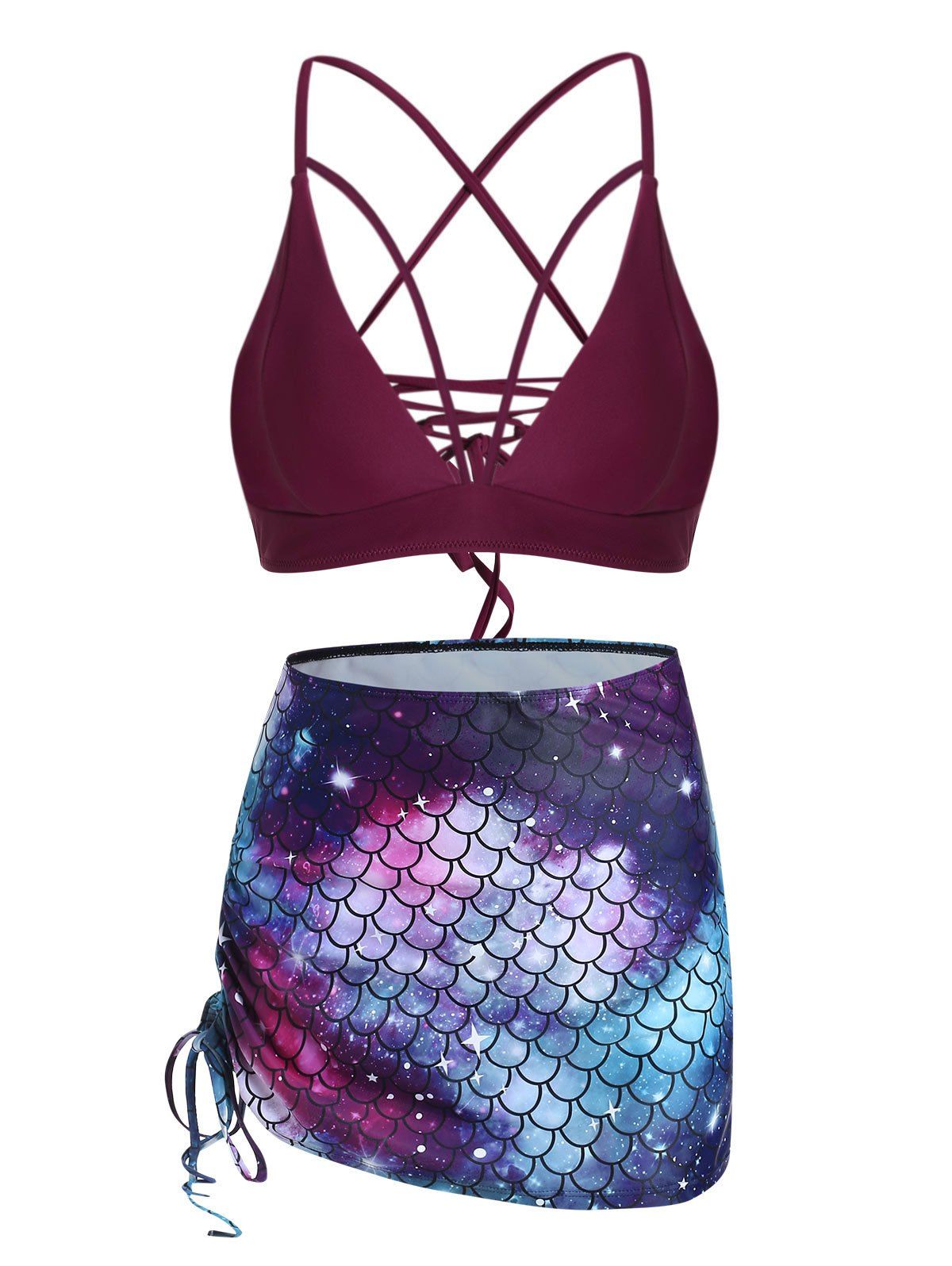 

Lace Up Galaxy Mermaid Three Pieces Tankini Swimwear, Plum pie