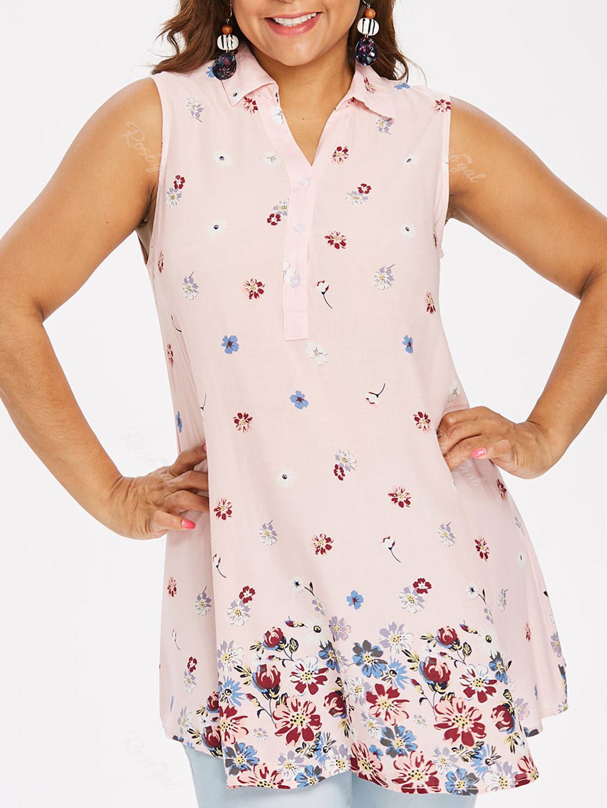 

Plus Size Flower Print Button Placket Tank Top, Light pink