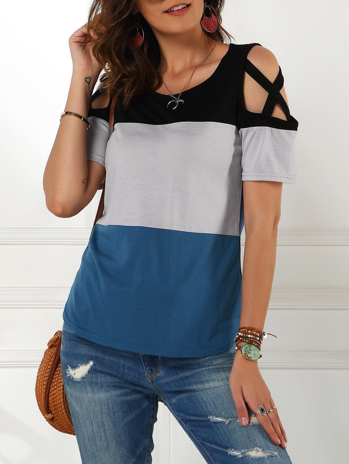 

Open Shoulder Cross Color Blocking Tee, Denim dark blue