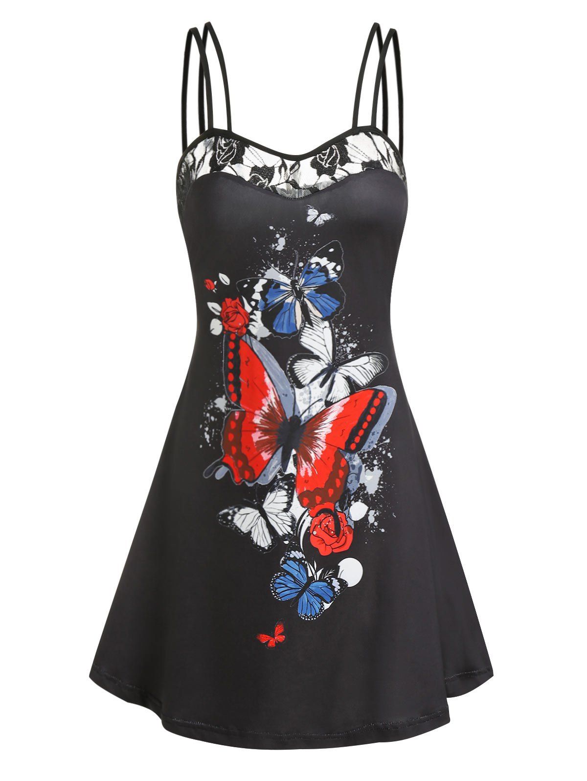 

Butterfly Print Lace Panel Cami A Line Dress, Black