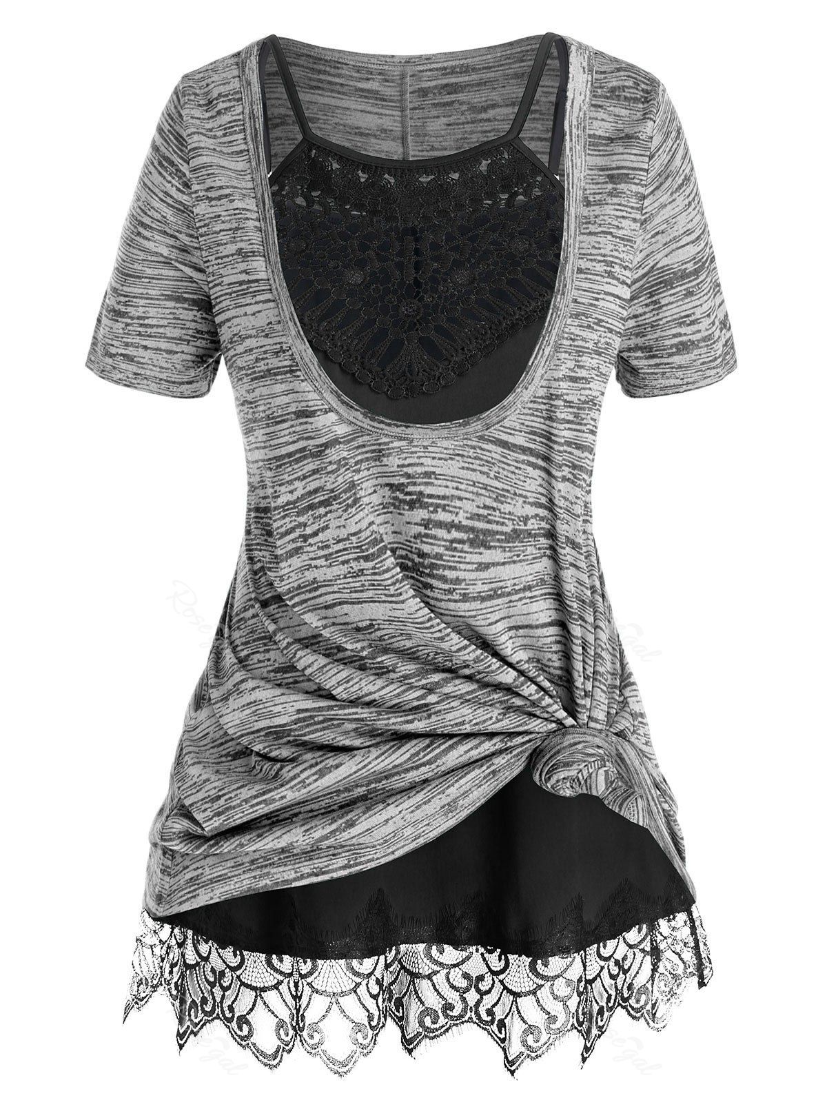 

Plus Size Front Knot Marled Tee and Cami Top Set, Smokey gray