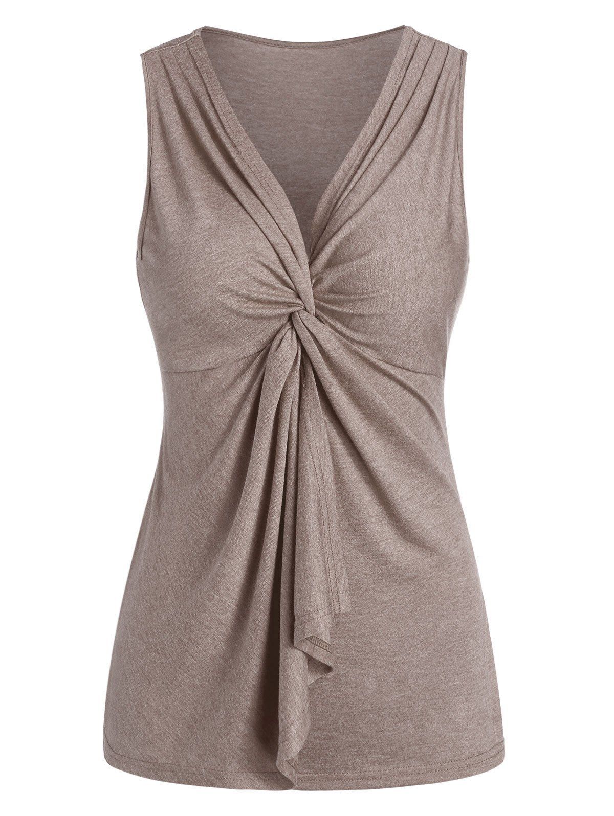 

Twist Front Plunge Neck Flounce Heathered Tank Top, Coffee