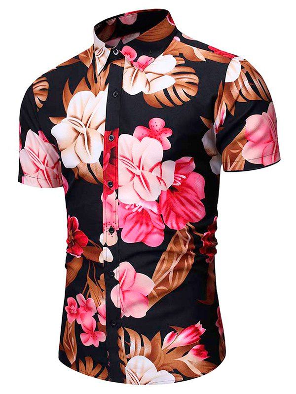 

Tropical Flower Leaf Print Vacation Shirt, Black