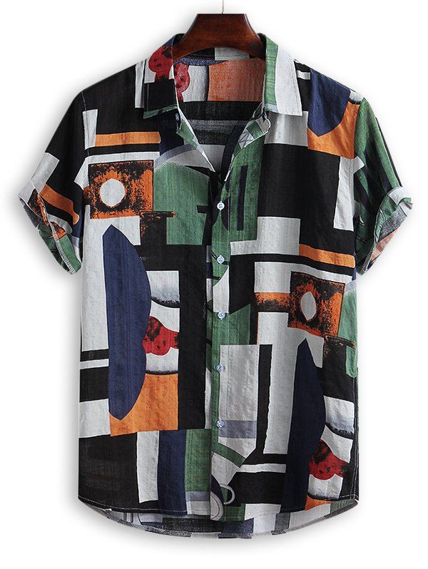 Sale Geometric Spliced Print Short Sleeve Shirt  