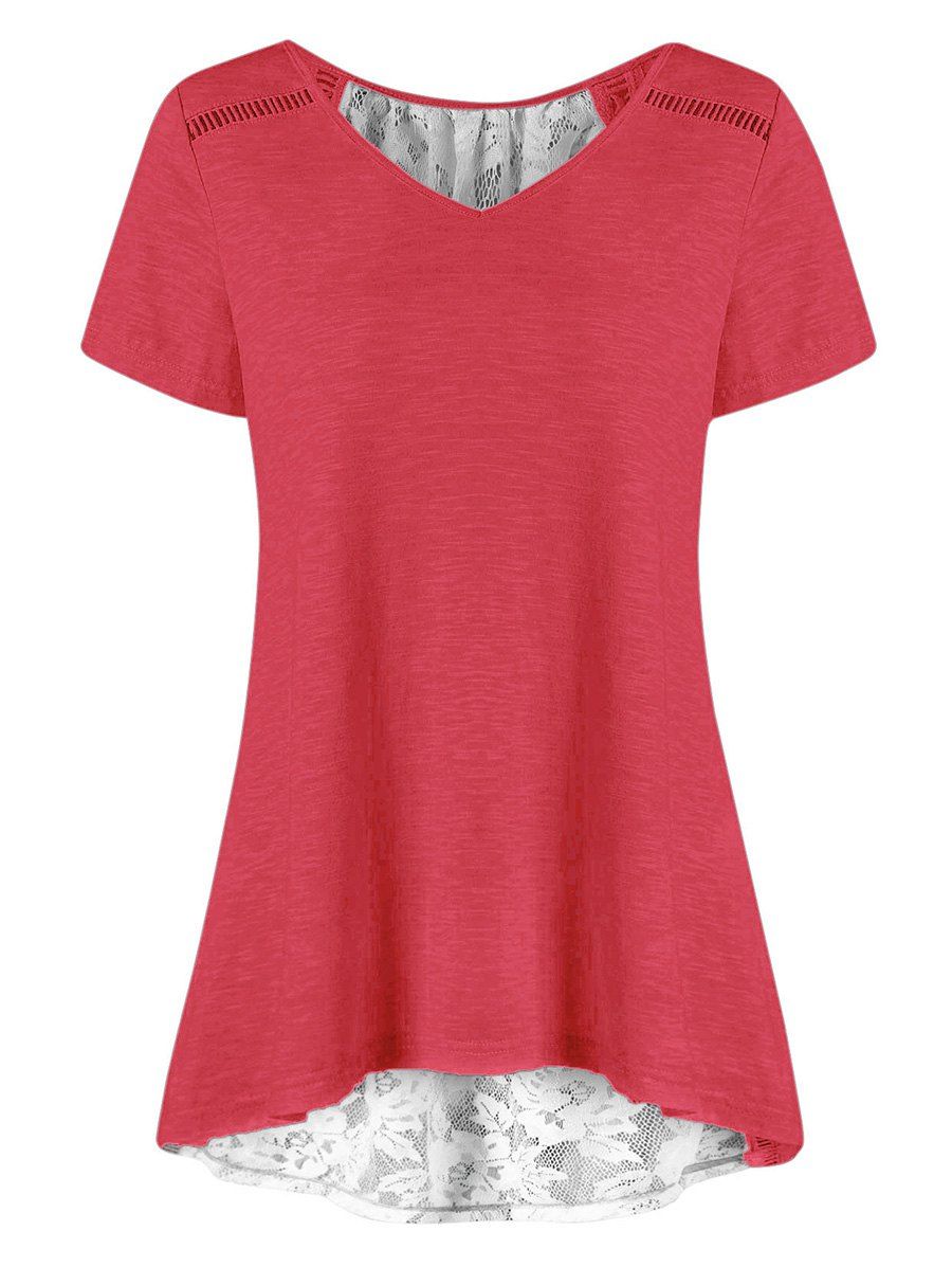 

Lace Panel Sheer Lace-up Tunic Tee, Watermelon pink