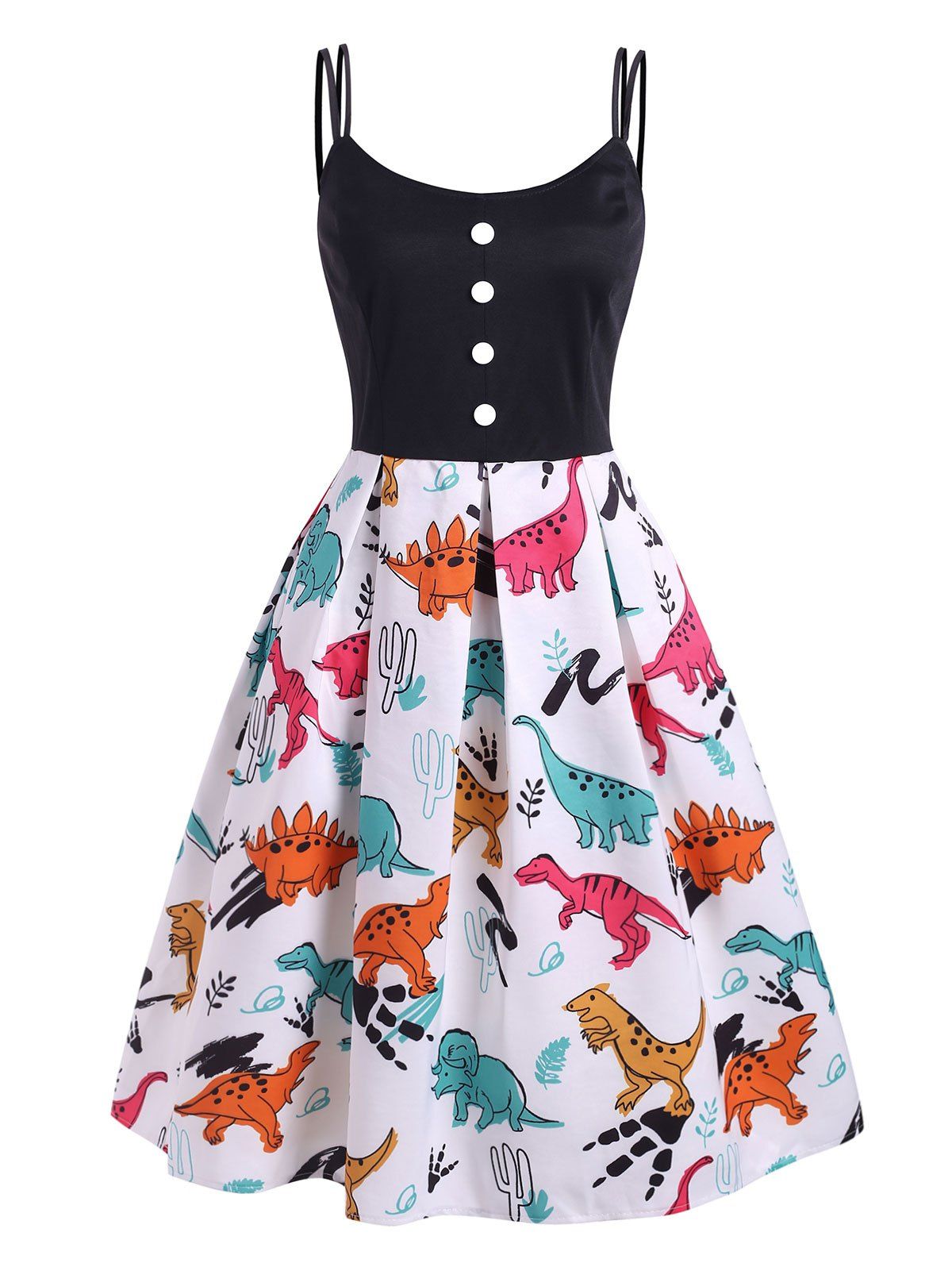 

Dinosaur Print Button Embellished High Waisted Dress, Multi