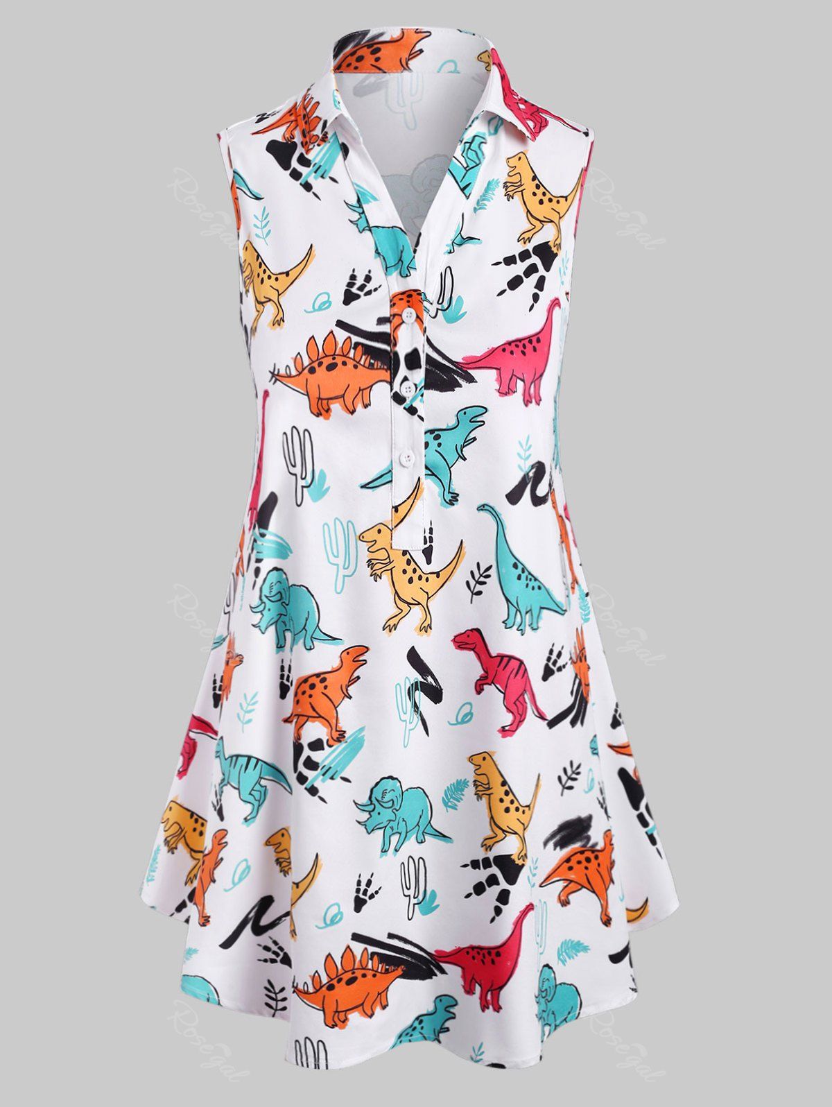 

Plus Size Dinosaur Print Sleeveless Henley Blouse, White