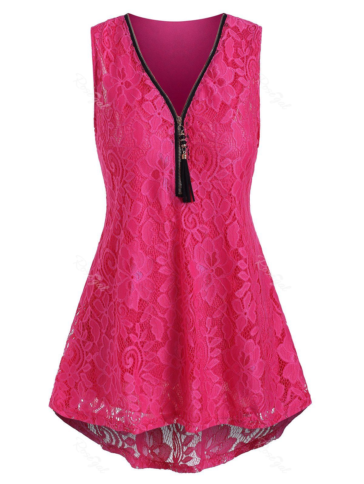 

Plus Size High Low Half Zip Lace Tank Top, Deep pink