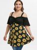 Plus Size Flower Cold Shoulder Flare Sleeve Ruffle T-shirt -  