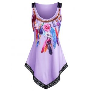 

Feather Print Lace Trim Pointed Hem Tank Top, Tyrian purple