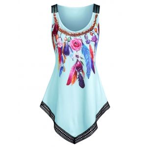 

Feather Print Lace Trim Pointed Hem Tank Top, Baby blue